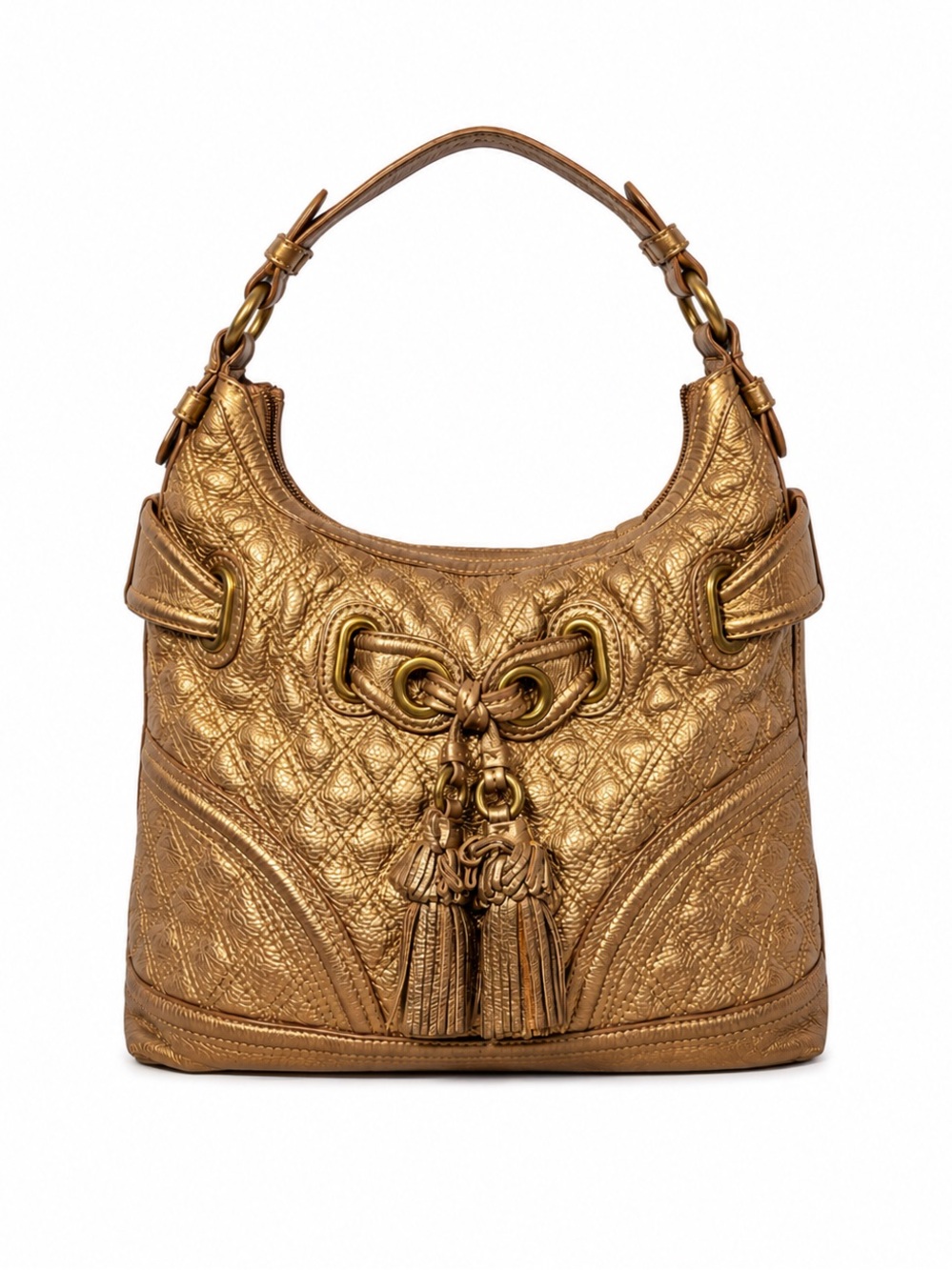 Vintage Lockheart Gold Metallic Quilted Leather Tassel Bag